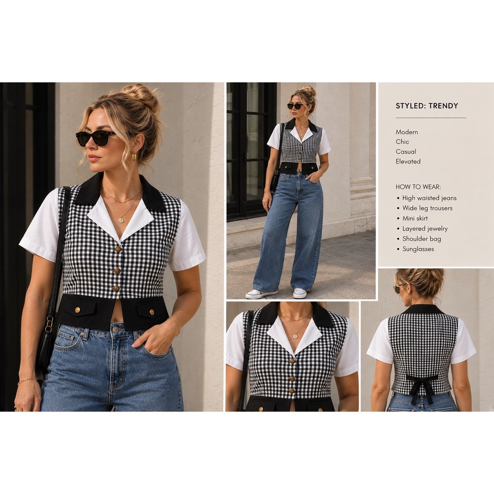 Kathie Lee Vintage 90s Gingham Button Up Black White Plaid Short Sleeve Size 12